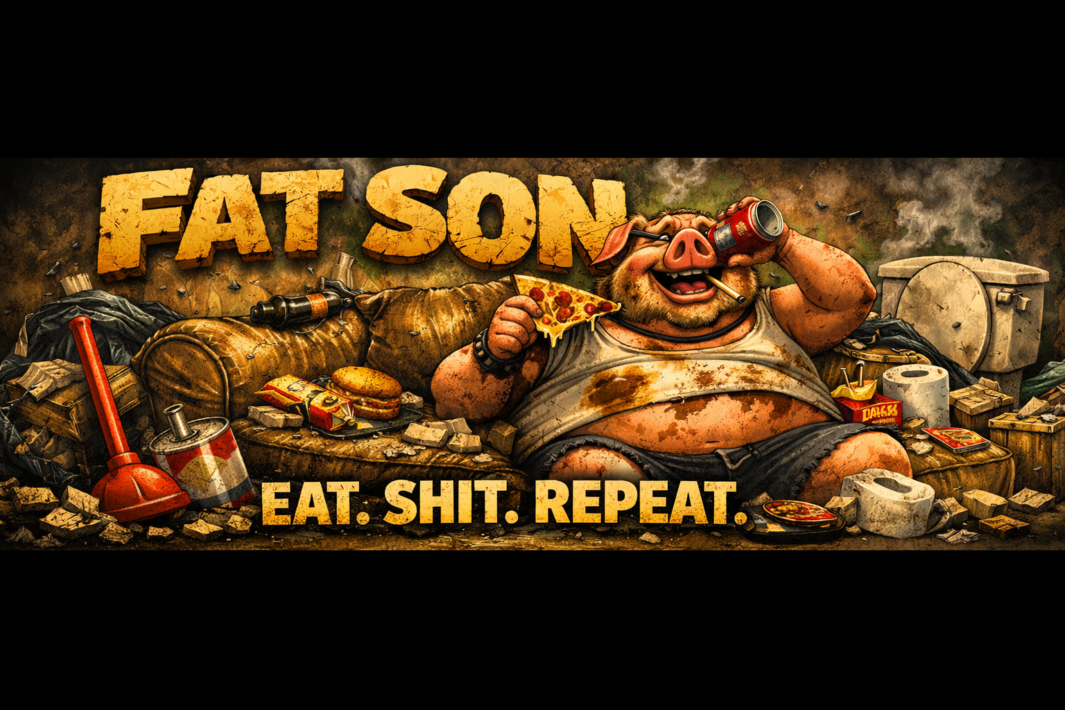 Fat SON banner — Fat SON on the couch surrounded by trash